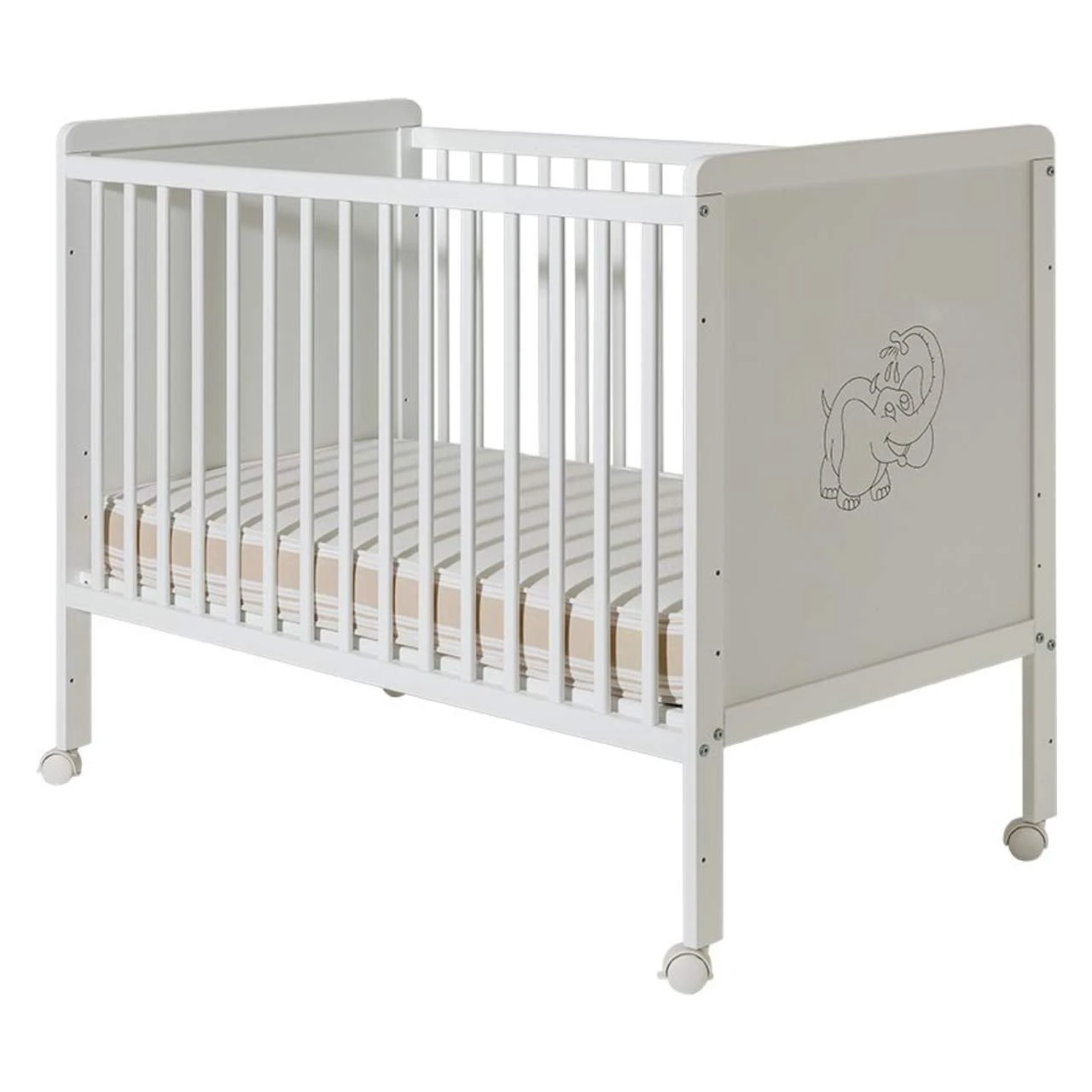 Dečiji krevetac Happy beli - drveni krevetac za bebe sa točkićima